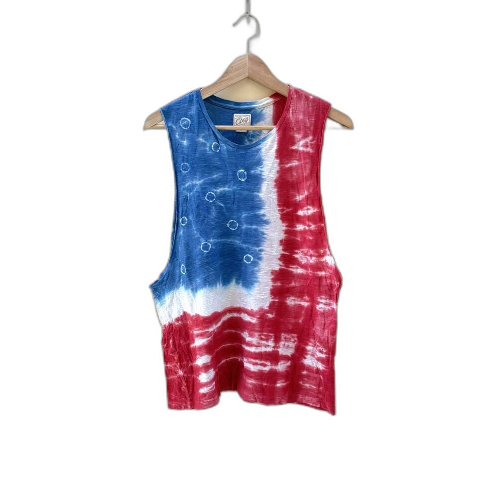 Men's Obey Size Small American FLAG USA Tie Dye tank top raw hem Red White Blue